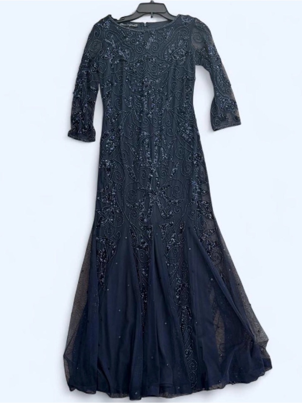 Pisarro Nights Navy Beaded Long Sleeve Evening Gown